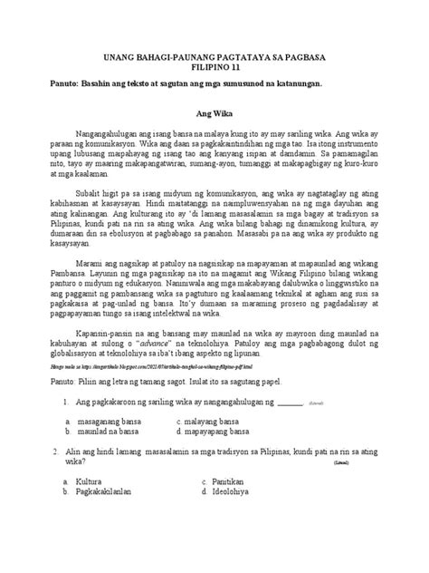 Paunang pagtataya sa Filipino II.docx .